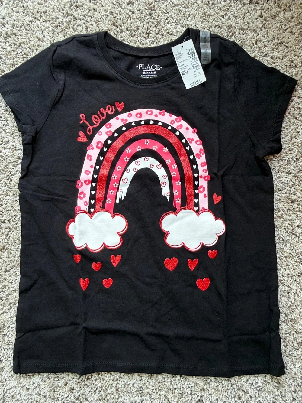 The Children's Place Black Tee with Pink & Red Rainbow Hearts Valentine's Day